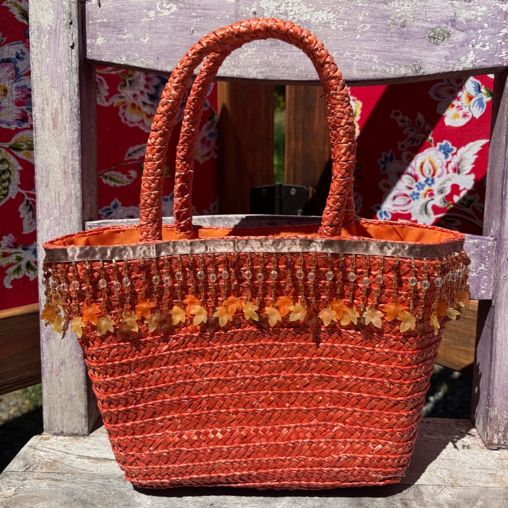 NWT Orange Straw Autumn Decorative Beaded Picnic Cottagecore Shoulder/Tote Bag - Picture 4 of 6